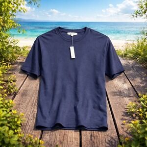 Madewell Womens XXS Navy Linen Blend Tee Crew Neck Minimalist Summer NWT Casual